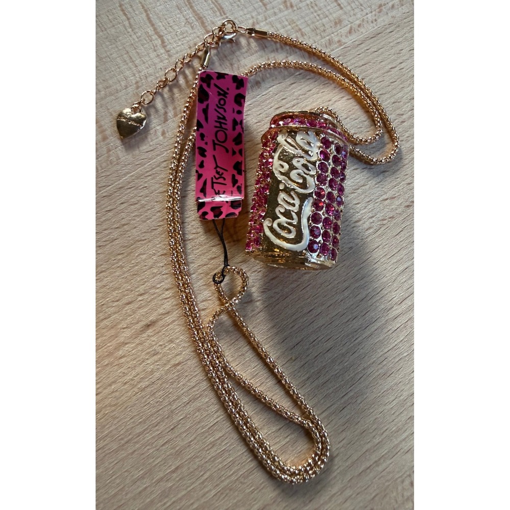 Betsey Johnson Coca-Cola Soda Can Necklace Gold Pink Rhinestone Kitsch Y2K Coke